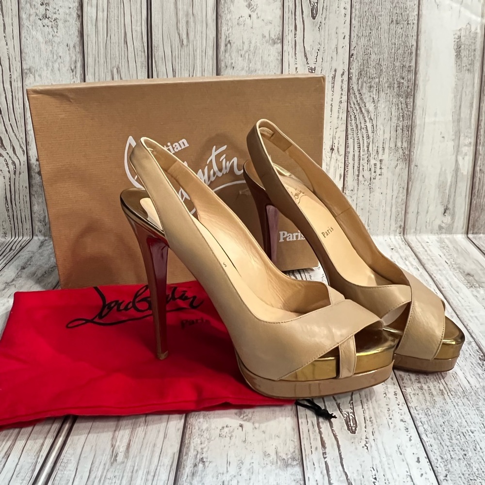 Christian Louboutin Very Croise Nude Slingback Peep Toe Heels Pumps
